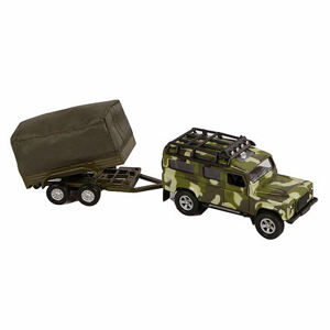Auto Land Rover Defender Military 14,5cm kov spätný chod s prívesom s plachtou v krabičke