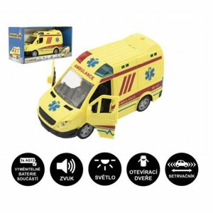 Auto ambulancia plast 20cm na zotrvačník na batérie so zvukom so svetlom v krabici 26x15x12cm