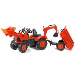 FALK Šliapací traktor Kubota s prednou a zadnou lyžicou a prívesom - oranžový