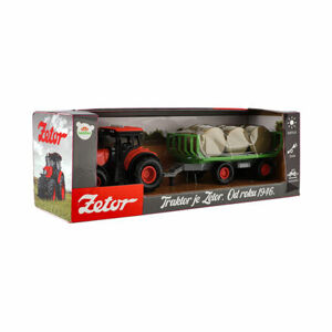 Traktor Zetor s vlekom a balíkmi plast 36cm na zotrvačník na bat. so svetlom so zvukom v krab. 39x13