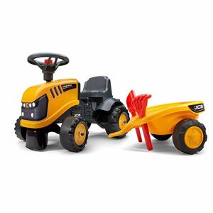 FALK Odrážadlo traktor Baby JCB žltý s vozíkom a lopatou s hrabľami
