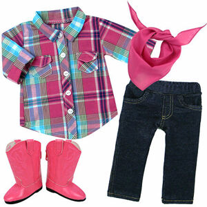 Teamson Sophia's - Kockovaná košeľa, džegíny, šatka a ružové kovbojské poločižmy