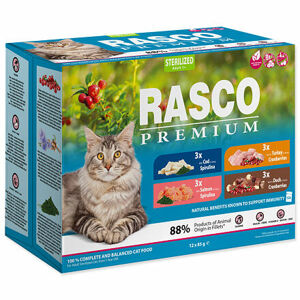 Kapsičky RASCO Premium Cat Pouch Sterilized - 3x salmón, 3x cod, 3x duck, 3x turkey 1020 g