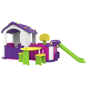 RAMIZ Fialový záhradný domček so šmykľavkou, basketbalom a záhradou so stolom ZOG.CHD-356