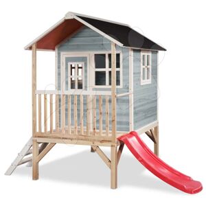 Domček cédrový na pilieroch Loft 300 Blue Exit Toys s vodeodolnou strechou a šmykľavkou modrý