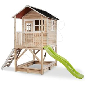 Domček cédrový na pilieroch Loft 500 Natural Exit Toys s vodeodolnou strechou pieskoviskom a 1,75 m šmykľavkou prírodný