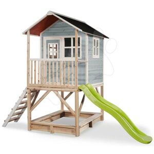 Domček cédrový na pilieroch Loft 500 Blue Exit Toys s vodeodolnou strechou pieskoviskom a 1,75 m šmykľavkou modrý