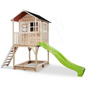Domček cédrový na pilieroch Loft 700 Natural Exit Toys s vodeodolnou strechou pieskoviskom a 2,28 m šmykľavkou prírodný