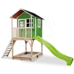 Domček cédrový na pilieroch Loft 700 Green Exit Toys s vodeodolnou strechou pieskoviskom a 2,28 m šmykľavkou zelený