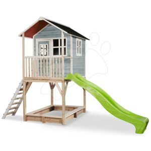 Domček cédrový na pilieroch Loft 700 Blue Exit Toys s vodeodolnou strechou pieskoviskom a 2,28 m šmykľavkou modrý
