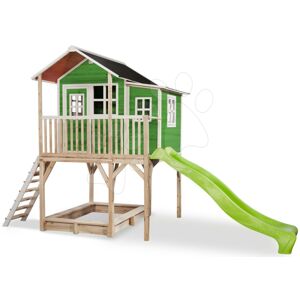 Domček cédrový na pilieroch Loft 750 Green Exit Toys veľký s vodeodolnou strechou pieskoviskom a 2,28 m šmykľavkou zelený