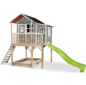 Domček cédrový na pilieroch Loft 750 Grey Exit Toys veľký s vodeodolnou strechou pieskoviskom a 2,28 m šmykľavkou sivý