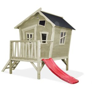 Domček cédrový na pilieroch Crooky 300 Exit Toys s vodeodolnou strechou a šmykľavkou sivo béžový