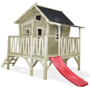 Domček cédrový na pilieroch Crooky 350 Exit Toys s vodeodolnou strechou verandou a šmykľavkou sivo béžový