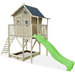 Domček cédrový na pilieroch Crooky 750 Exit Toys s verandou vodeodolnou strechou 2,28 m šmykľavkou a pieskoviskom sivo béžový