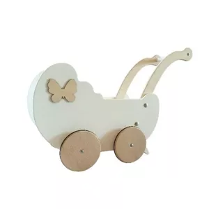 Drevený kočík pre bábiky s dekoráciou biela + drevo
