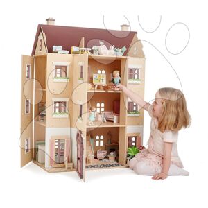 Drevený domček pre bábiku Fantail Hall Tender Leaf Toys 3 poschodový s terasami s rastlinami a lavičkou