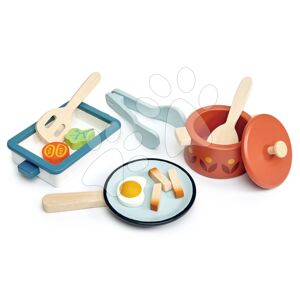 Drevený riad s panvicou Pots and Pans Tender Leaf Toys s varechou a potravinami