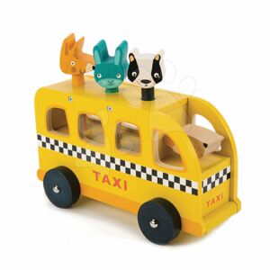 Drevené žlté auto Animal Taxi Tender Leaf Toys 3 zvieratká so zvukmi od 18 mes