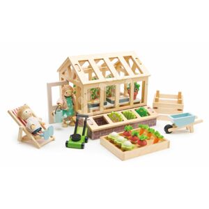 Drevený skleník Greenhouse and Garden Set Tender Leaf Toys s otváracou strechou a 9 druhov zeleniny pre bábiku