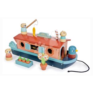 Drevená loďka Little Otter Canal Boat Tender Leaf Toys s 3 figúrkami vydier a 14 doplnkami