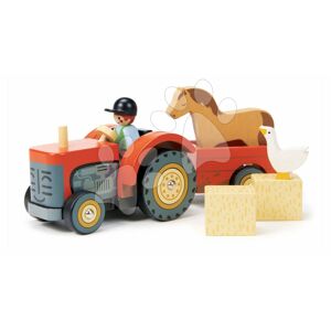 Drevený traktor s vlečkou Farmyard Tractor Tender Leaf Toys s figúrkou farmára a zvieratkami od 18 mes